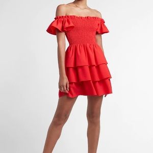 NWT Express Smocked Ruffle Off the Shoulder Dress in Red